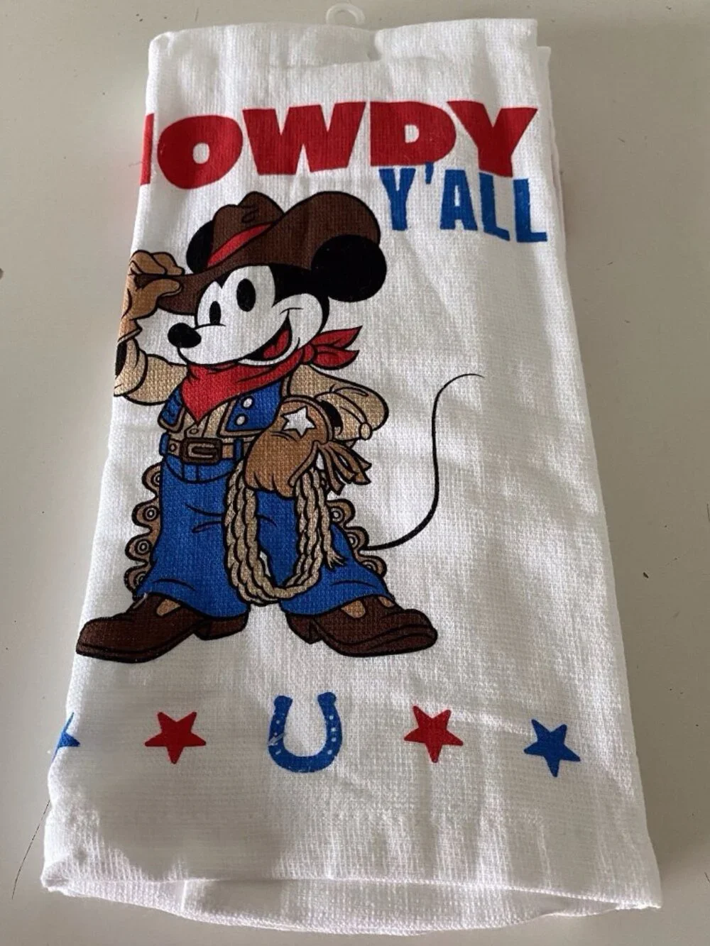 Set Of 2 Disney Mickey Mouse Kitchen Towels Howdy Y'All Patriotic‎ Cowboy NEW